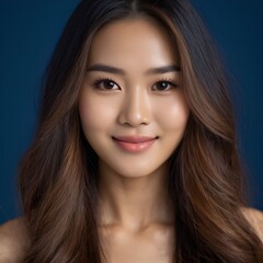 Obraz premium Pretty Asian beauty woman long hair with japanese makeup glowing face and healthy facial skin portrait smile on isolated dark blue background