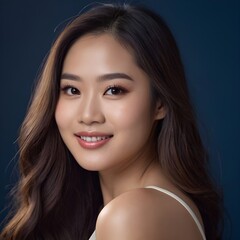 Obraz premium Pretty Asian beauty woman long hair with japanese makeup glowing face and healthy facial skin portrait smile on isolated dark blue background