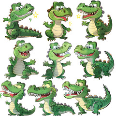 Fototapeta premium A little human like crocodile high quality white background sticker cartoon 2d Multiple poses and expressons