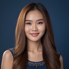 Naklejka premium Pretty Asian beauty woman long hair with japanese makeup glowing face and healthy facial skin portrait smile on isolated dark blue background