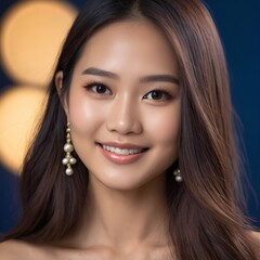 Obraz premium Pretty Asian beauty woman long hair with japanese makeup glowing face and healthy facial skin portrait smile on isolated dark blue background