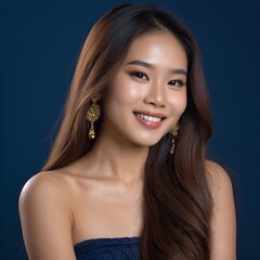 Obraz premium Pretty Asian beauty woman long hair with japanese makeup glowing face and healthy facial skin portrait smile on isolated dark blue background