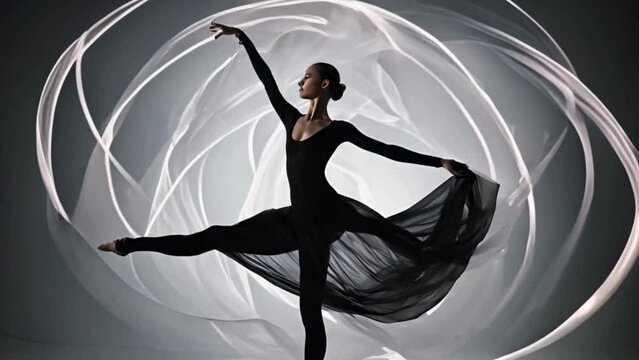 The damsel demonstrates a graceful ballet dance in zero gravity, her movements appearing weightless and ethereal.