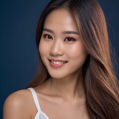 Fototapeta premium Pretty Asian beauty woman long hair with japanese makeup glowing face and healthy facial skin portrait smile on isolated dark blue background