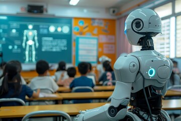Fototapeta premium A classroom setting where students are learning with AI-powered educational tools, illustrating the transformative impact of artificial intelligence in modern education