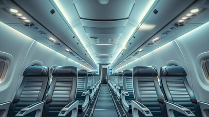 Obraz premium The interior of a modern plane during the day, with rows of comfortable airline seats on both sides of the narrow aisle.