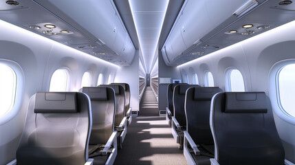 Obraz premium The interior of a modern plane during the day, with rows of comfortable airline seats on both sides of the narrow aisle.
