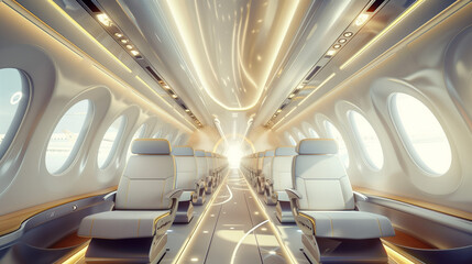 Fototapeta premium The interior of a modern plane during the day, with rows of comfortable airline seats on both sides of the narrow aisle.