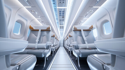 Naklejka premium The interior of a modern plane during the day, with rows of comfortable airline seats on both sides of the narrow aisle.