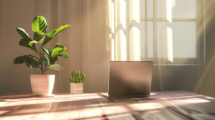 A modest office decorated in a minimalist style, with a laptop and a potted plant, bathed in soft, natural light.