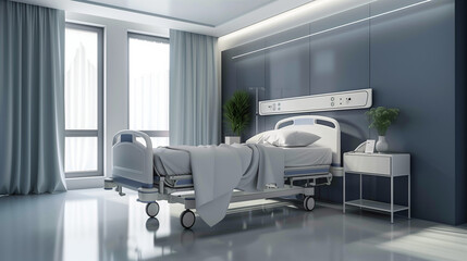 A recovery room in a hospital equipped with a comfortable medical bed and necessary equipment. The spacious room ensures peace and comfort for patients during their recovery.