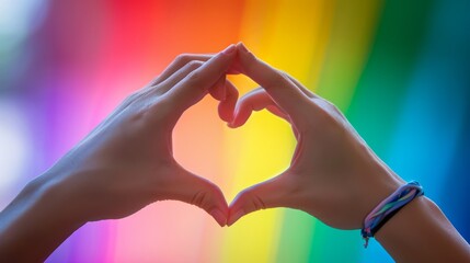 Close-up of hands forming heart shape against a vibrant rainbow background, symbolizing love and diversity.