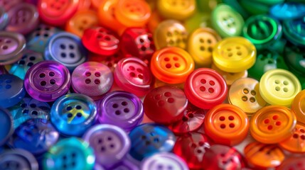 Colorful array of sewing buttons in various hues, arranged in a vibrant pattern. Perfect for crafting and sewing projects.