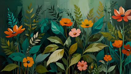 The background is an abstract artistic composition featuring retro, nostalgic brushstrokes. A textured backdrop is used to enhance the appearance. Oil on canvas. Modern Art. floral leaves, green