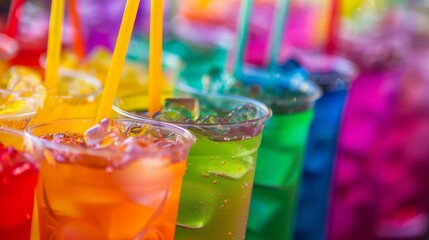 Colorful summer drinks in plastic cups with ice and straws. Refreshing beverages in vibrant shades lined up in a row ready to quench thirst.