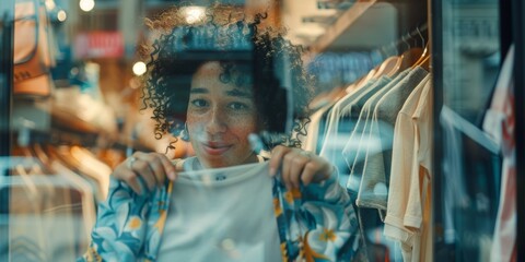 Woman in mall pondering about clothes, search, or outfit. Retail, deal, and female consumer evaluate thrift store fabric, texture, and quality for discount, sale, or decision.