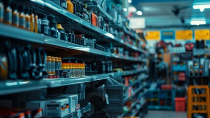 A close-up view of shelves filled with auto parts in a well-lit store