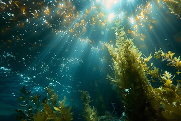 A peaceful aquatic realm where seaweed dances softly, bioluminescent creatures glow, and gentle bubbles drift upward towards the light.