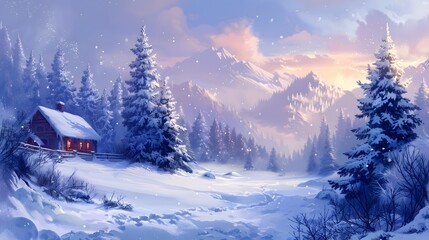 Cozy Cabin Nestled in a Snowy Winter Wonderland with Majestic Mountain Views