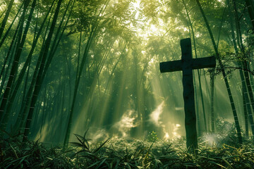 A cross in a serene bamboo forest, bathed in dappled sunlight filtering through the dense canopy and clouds, creating a scene of natural beauty and peace - Powered by Adobe