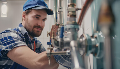 Male plumber adjusting boiler in bathroom