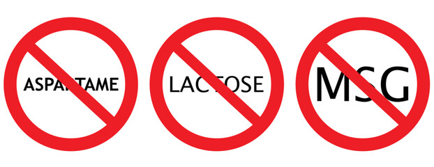 Set allergen free icons. Allergen free products. Products warning symbols. Lactose, gluten, sugar, corn, egg, trans fat, soy, nuts free, coffeine , bio ,gluten,msg, pfas sign.