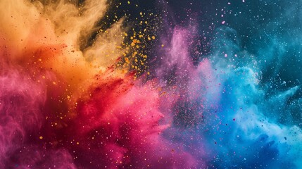 A dynamic photograph capturing the vibrant explosion of colored powder during a daytime color run event