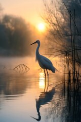 Tranquil Sunrise Over Misty Lake with Heron, Nature Wildlife Serene Reflection