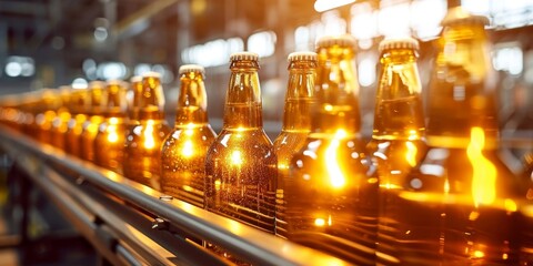 Beer being industrially produced with light filtered using glass bottles on a conveyor, Generative AI