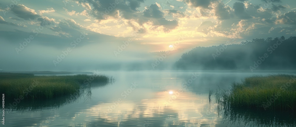 Wall mural summer landscape with a scenic lake view and a colorful sunset sky with a few trees reflected in the