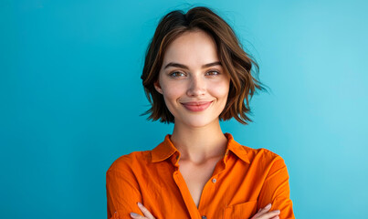 Fototapeta premium Confident Young Woman with Bobbed Hair in Orange Shirt Smiling with Arms Crossed on Blue Background - Positive and Friendly Professional Portrait