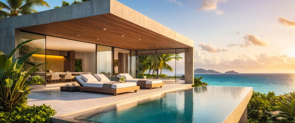 Fototapeta premium Luxurious ecolodge retreat hotel with a swimming pool by the sea. Eco-tourism, harmony zen lodge, teal crystal water, tropical nature landscape.