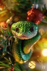 Fototapeta premium A Green Snake Toy Smiles Near Christmas Lights