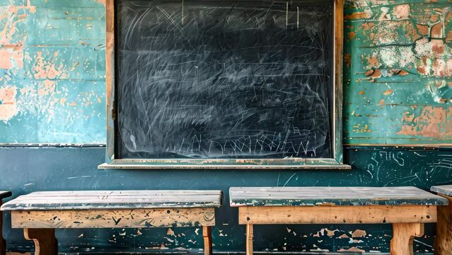 Vintage classroom with two benches and a worn blackboard, A vintage classroom setting with a worn blackboard and antique wooden desks