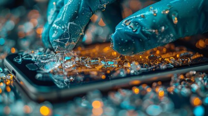 Illustrate a self-repairing coating on electronic displays and touchscreens, where scratches and damage from everyday use are repaired automatically, maintaining