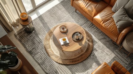 Wooden Coffee Table With Tea Set And Dried Flowers In A Modern Living Room