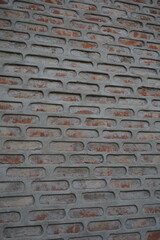 Seamless brick layers pattern wall background, Red uneven break texture backdrop, Artistic 3d layered brick pattern surface