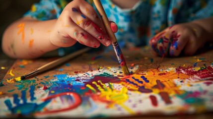A close-up photo of a childs hand carefully painting I Love You Mom on a piece of paper with a colorful paintbrush. The childs hand is covered in paint, and the paper is filled with vibrant colors - Powered by Adobe