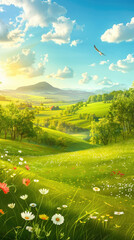 Naklejka premium A green meadow with rolling hills and white flowers, a single bird flies across the blue sky with puffy white clouds