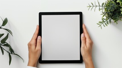 Top View of Hands Holding a Tablet With Blank Screen on a White Table Surrounded by Greenery