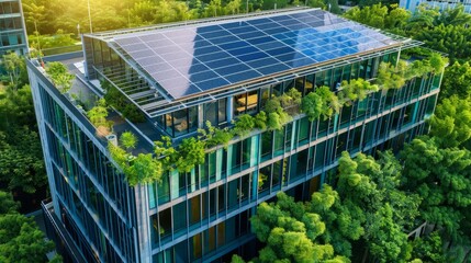 An aerial view of a modern office building with sustainable features, including solar panels and a green roof, surrounded by lush greenery