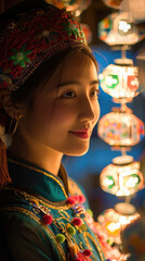 Obraz premium A young woman in traditional Vietnamese clothing stands in front of a string of colorful lanterns, smiling softly