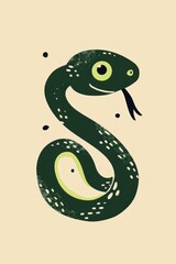 Fototapeta premium Cartoon Green Snake With Large Eyes Peeking Out From Behind a Wall