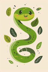 Naklejka premium Cartoon Green Snake With Large Eyes Peeking Out From Behind a Wall