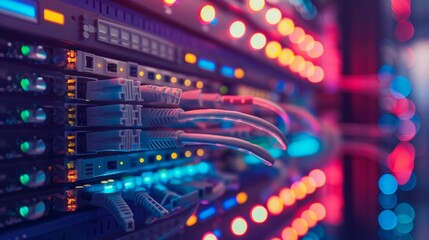 A closeup of network cables connected to routers in a server room. The image shows the intricate details of the cables and the glowing lights of the network devices - Powered by Adobe