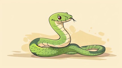 Naklejka premium Cartoon Green Snake With Large Eyes Peeking Out From Behind a Wall