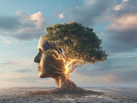 Man with tree growing out of head in desert surreal nature encounter in arid landscape expedition
