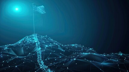 Business goals achievement and ambition concept. low poly wireframe a flag on top mountain