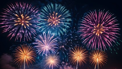 Fototapeta premium festive fireworks display. Show vibrant, colorful explosions lighting up the night sky, creating a magical and celebratory atmosphere