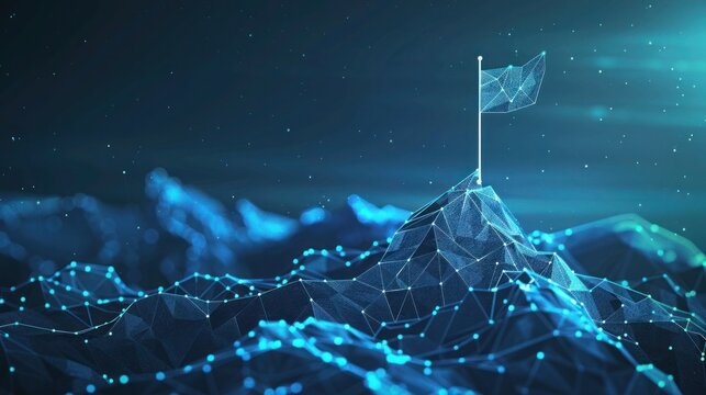 Business goals achievement and ambition concept. low poly wireframe a flag on top mountain